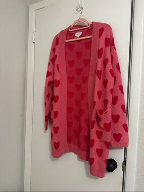 Pink Duster Cardigan with Red Heart Print- Unique Vintage